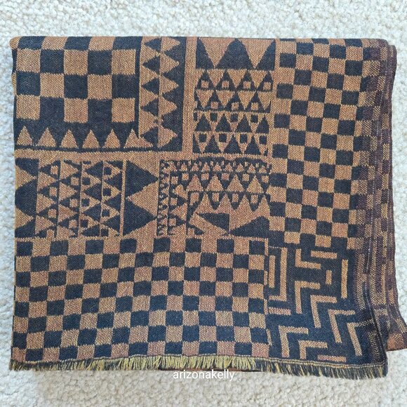 Wool Scarf Geometric Design Woven Brown & Black - Picture 2 of 7